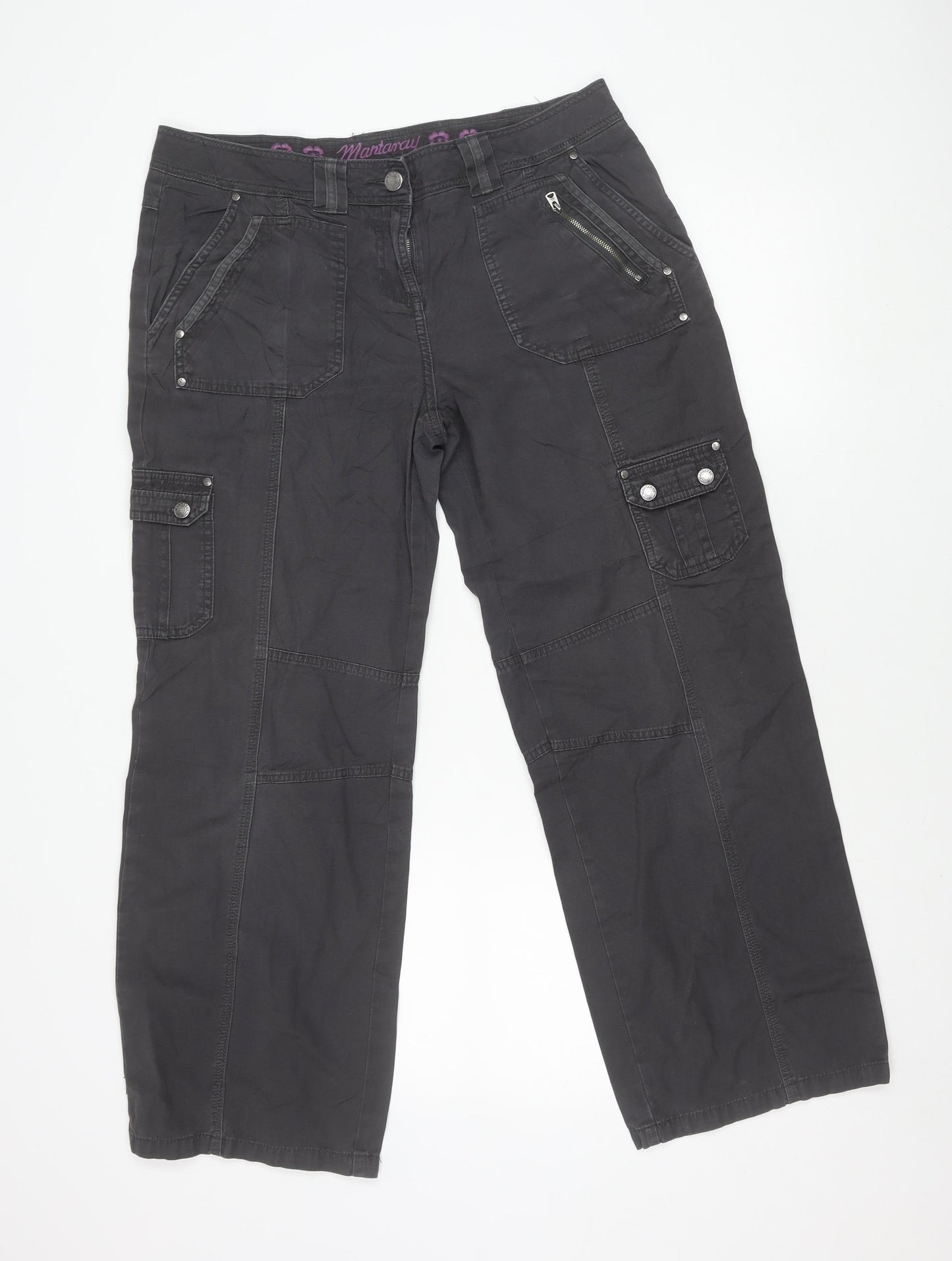 Mantaray Womens Black Cargo Trousers Size 14 Slim Cotton Twill Straight Leg