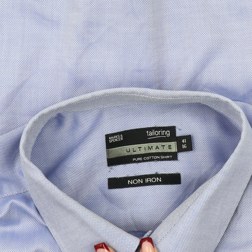 Marks and Spencer Men's Blue 16in Collar Long Sleeve Non-Iron Cotton Shirt