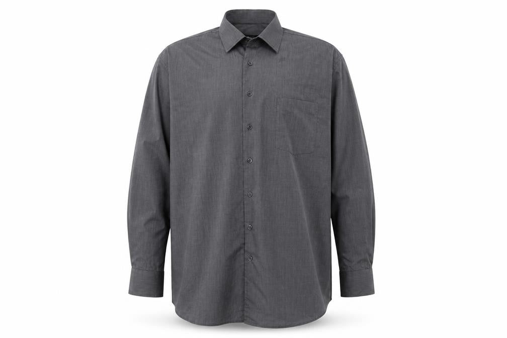 Front view of PkZ Men's Grey Long Sleeve Woven Button-Up Shirt, size 16.5 Regular