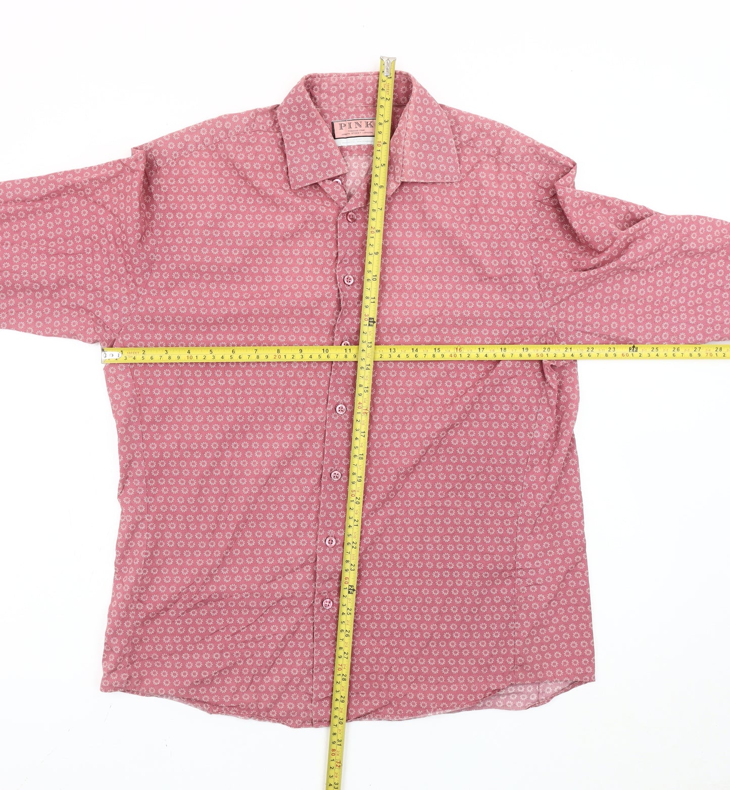 Thomas Pink Men's Pink Geometric Long Sleeve Cotton Button-Up Shirt 16