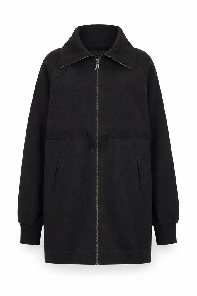 Front view of Calvin Klein Women's Black Mid-Length Jacket M Full Zip Collared
