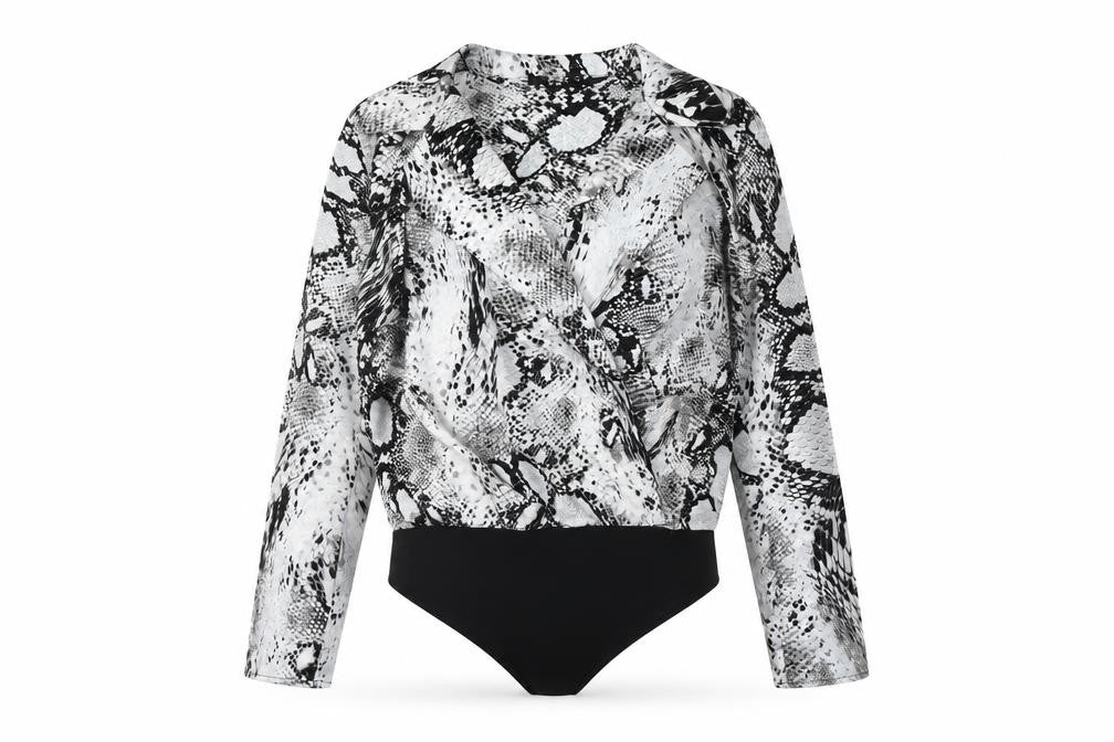 Front view of Quiz Women’s Multicoloured Snake Print Collared Bodysuit, size UK 10