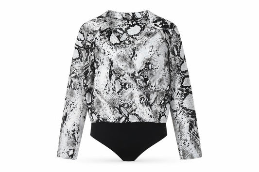 Front view of Quiz Women’s Multicoloured Snake Print Collared Bodysuit, size UK 10