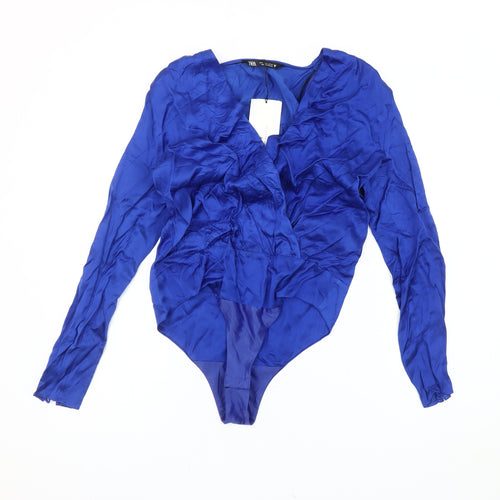 Zara Women Blue Size 8 Viscose Long Sleeve Ruffle Bodysuit Party
