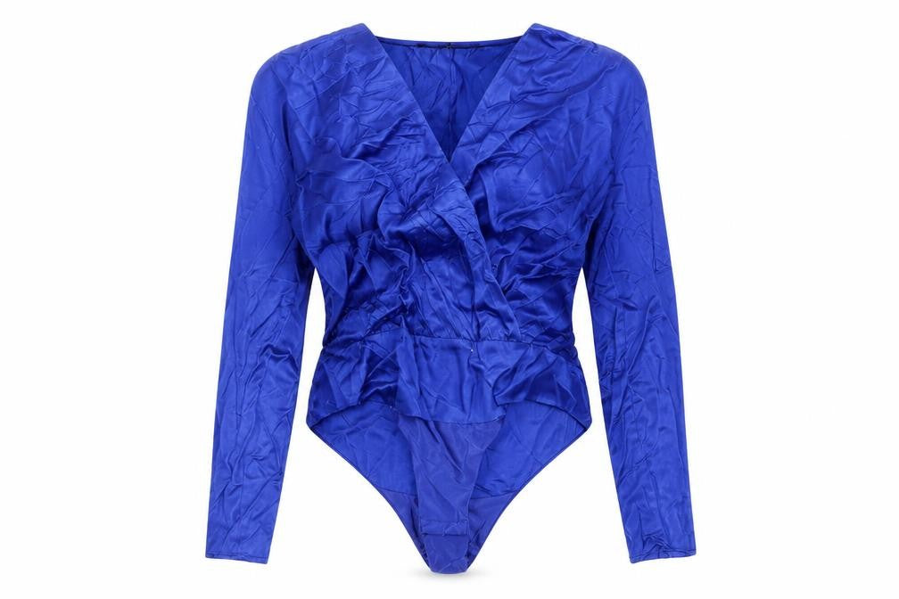 Zara Women Blue Size 8 Viscose Long Sleeve Ruffle Bodysuit Party