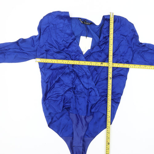 Zara Women Blue Size 8 Viscose Long Sleeve Ruffle Bodysuit Party