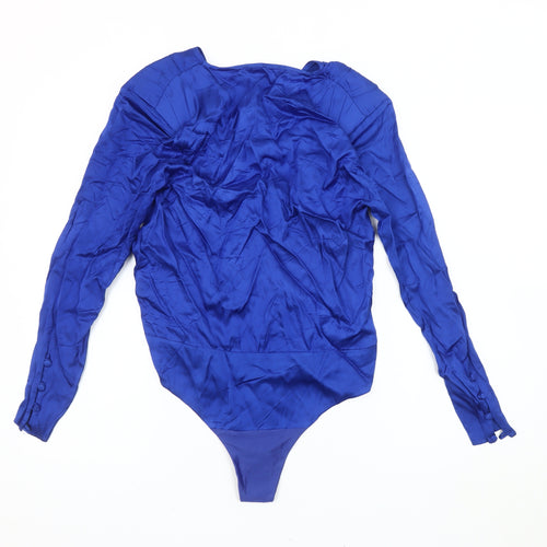 Zara Women Blue Size 8 Viscose Long Sleeve Ruffle Bodysuit Party