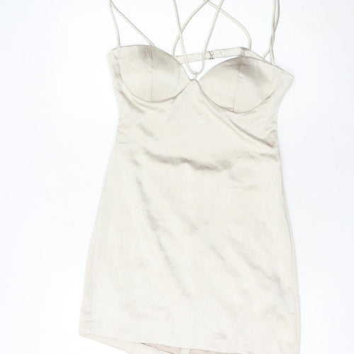 Zara Women’s Beige Slip Dress Size 12 Short Satin Sweetheart Backless
