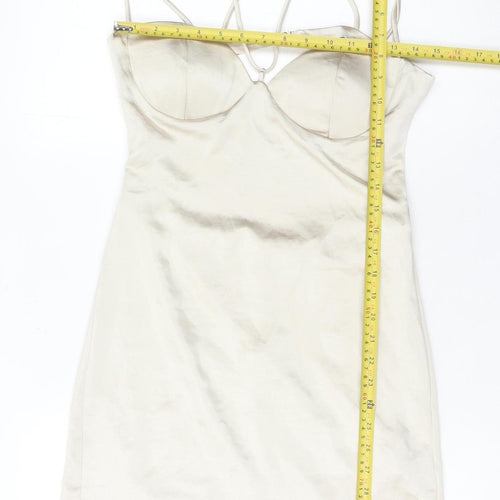 Zara Women’s Beige Slip Dress Size 12 Short Satin Sweetheart Backless