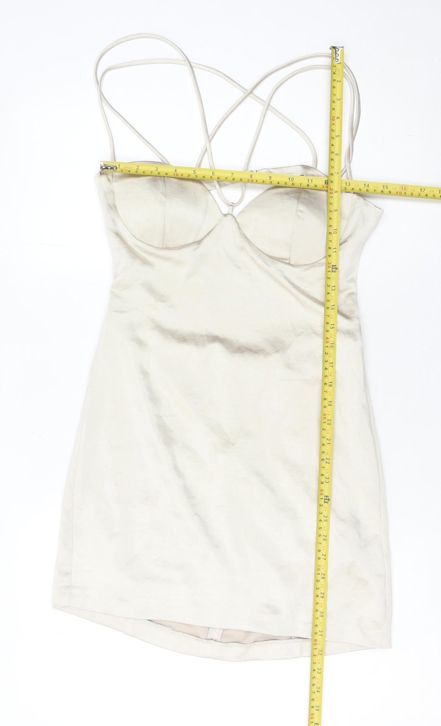 Zara Women’s Beige Slip Dress Size 12 Short Satin Sweetheart Backless