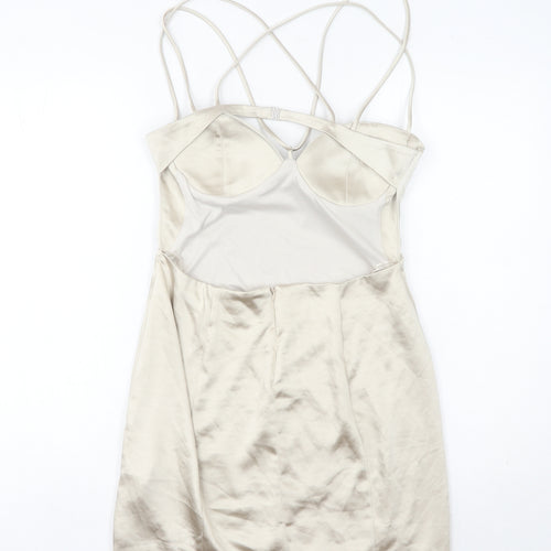 Zara Women’s Beige Slip Dress Size 12 Short Satin Sweetheart Backless
