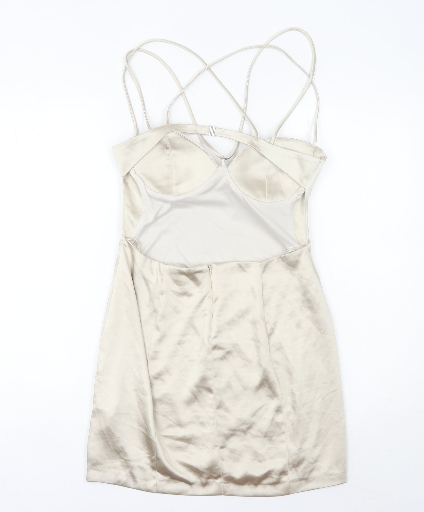 Zara Women’s Beige Slip Dress Size 12 Short Satin Sweetheart Backless