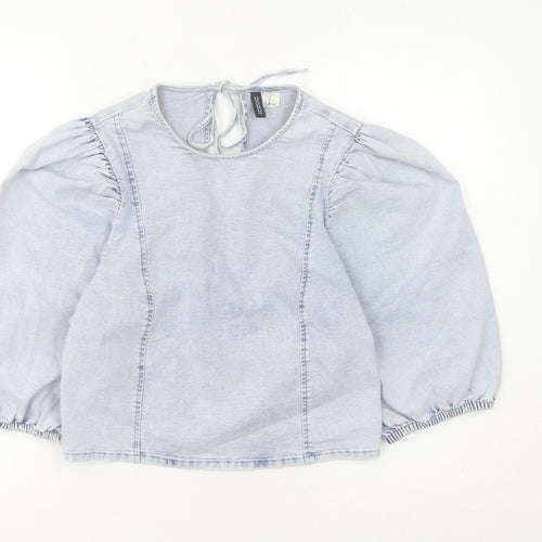 H&M Divided Womens Blue Denim Puff Sleeve Tie Back Blouse M