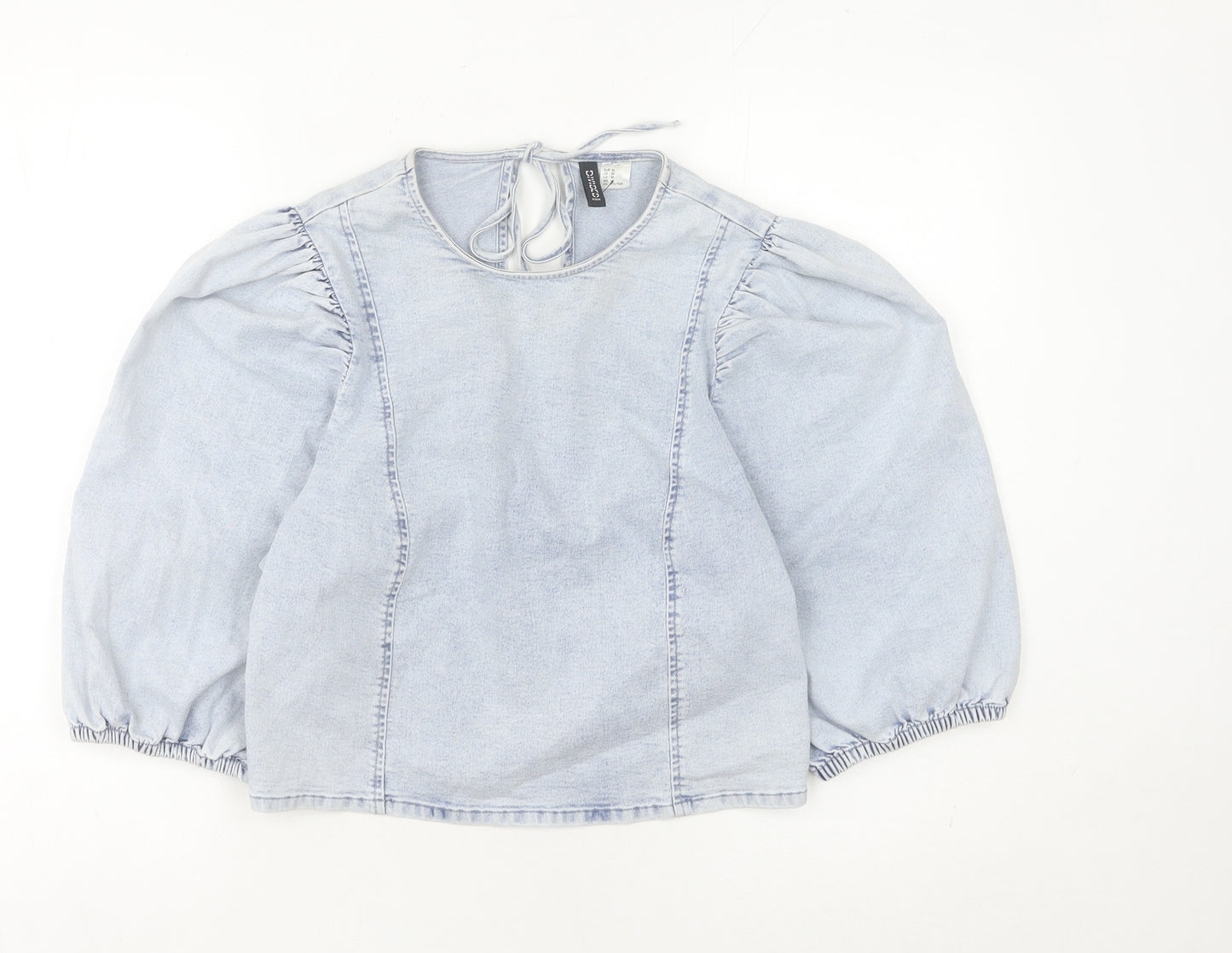 H&M Divided Womens Blue Denim Puff Sleeve Tie Back Blouse M