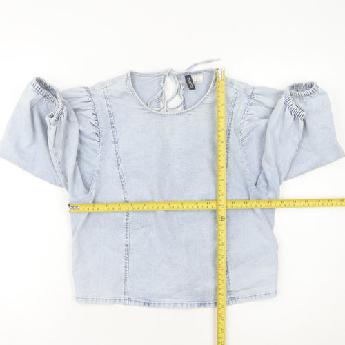 H&M Divided Womens Blue Denim Puff Sleeve Tie Back Blouse M