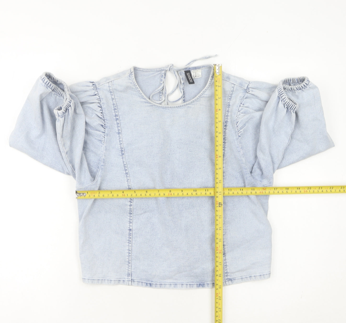 H&M Divided Womens Blue Denim Puff Sleeve Tie Back Blouse M