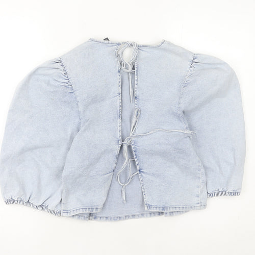 H&M Divided Womens Blue Denim Puff Sleeve Tie Back Blouse M