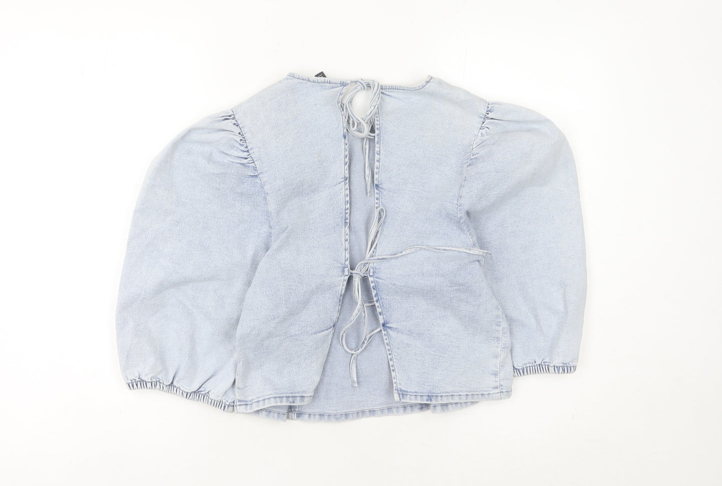 H&M Divided Womens Blue Denim Puff Sleeve Tie Back Blouse M