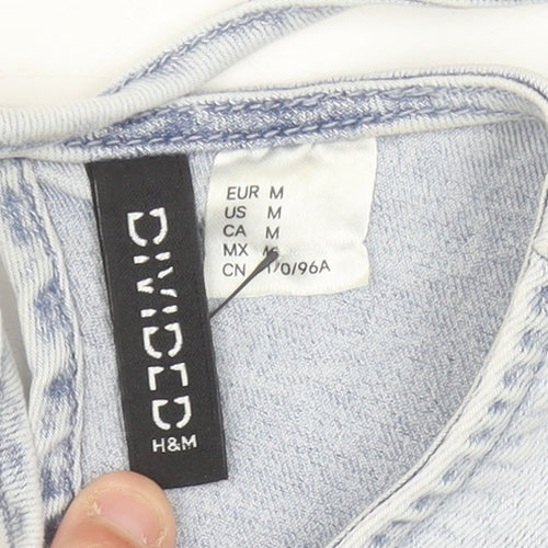 H&M Divided Womens Blue Denim Puff Sleeve Tie Back Blouse M