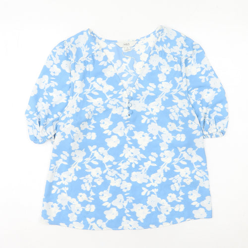 Marks and Spencer Women's Blue Floral V-Neck Blouse Size 6