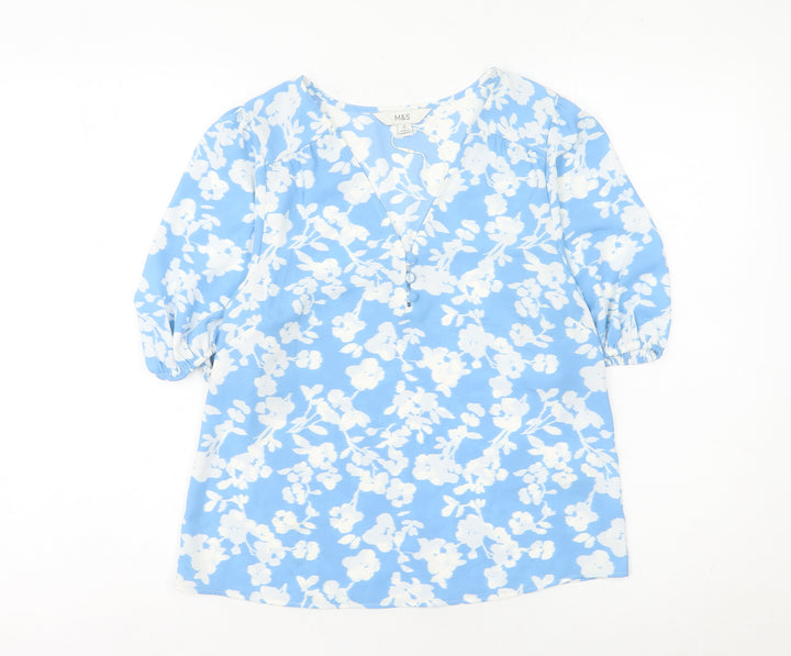 Marks and Spencer Women's Blue Floral V-Neck Blouse Size 6