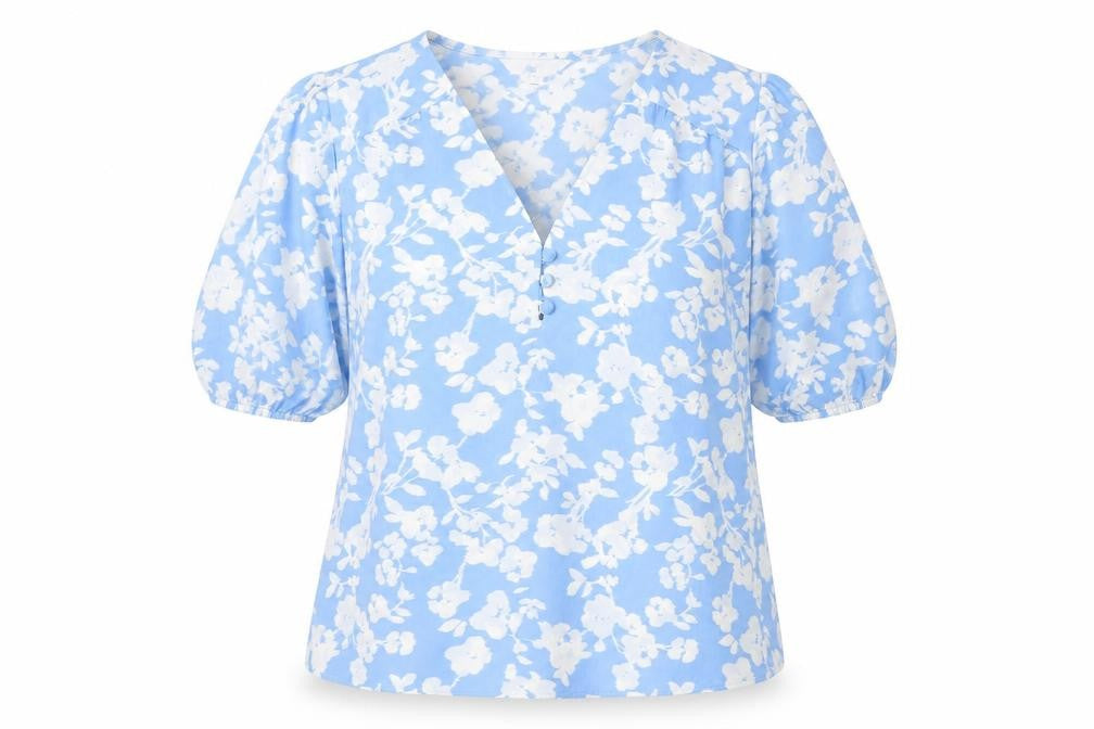 Front view of Marks & Spencer Women's Blue Floral V-Neck Blouse, size 6
