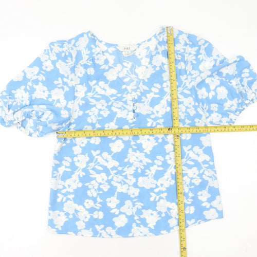 Marks and Spencer Women's Blue Floral V-Neck Blouse Size 6