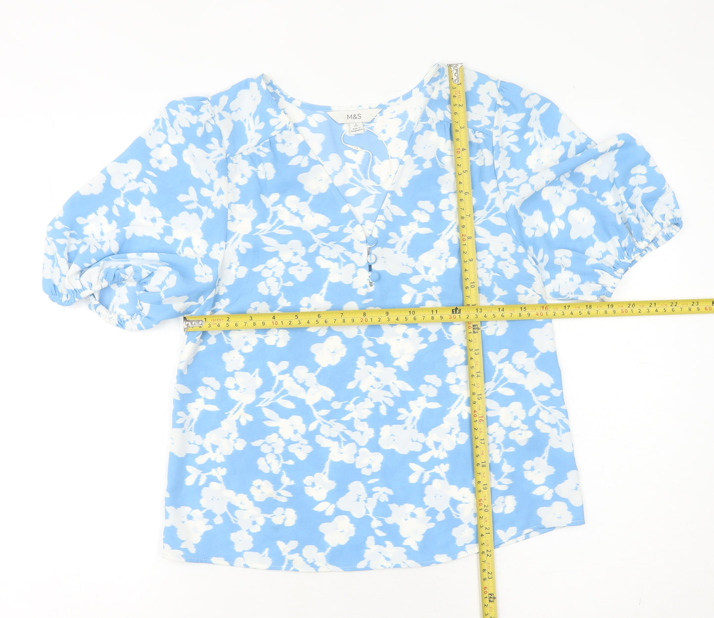 Marks and Spencer Women's Blue Floral V-Neck Blouse Size 6