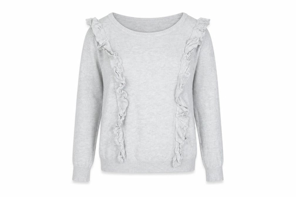 Front view of Peacocks women’s grey, size UK 10, ruffle knit crew neck jumper