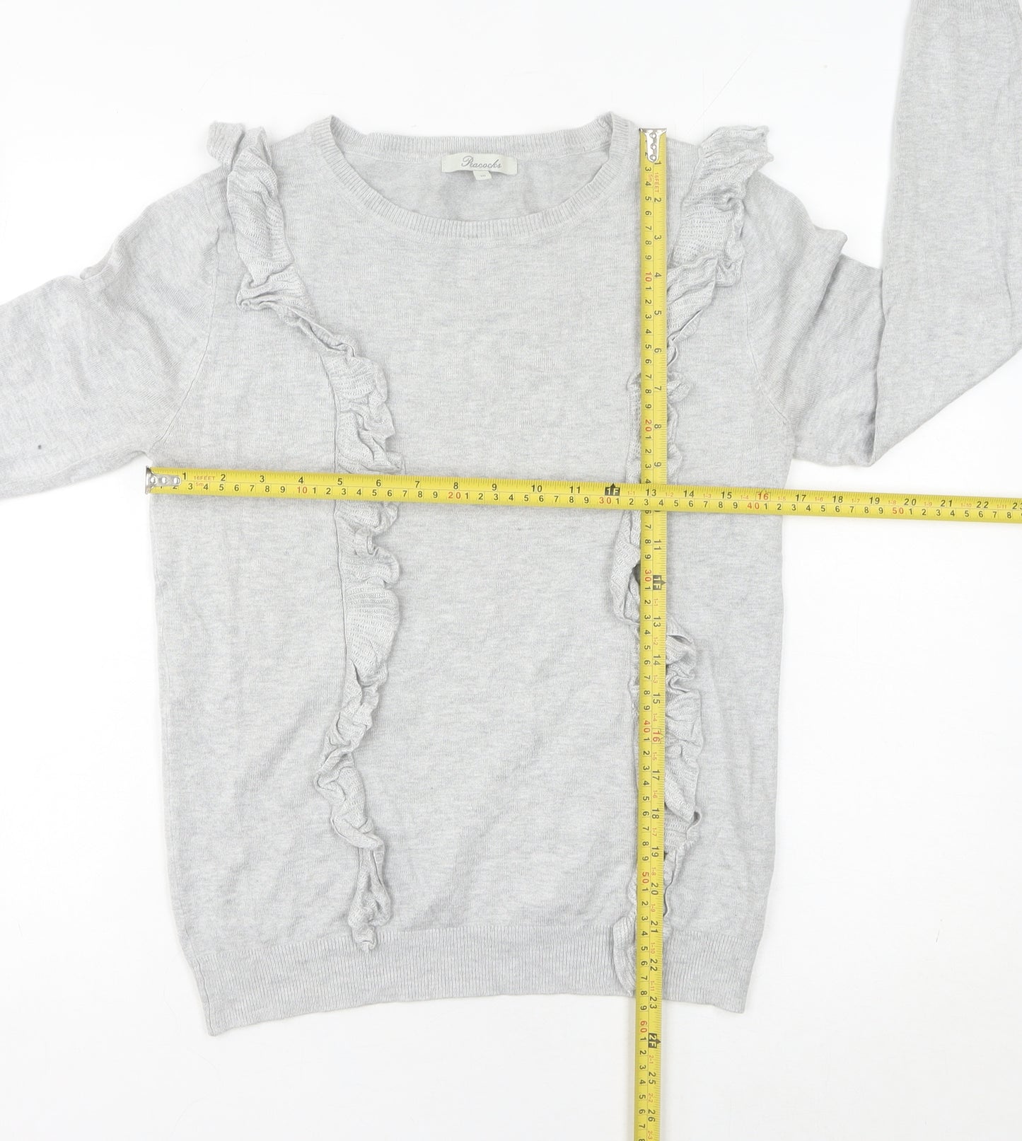 Peacocks Womens Grey Size 10 Ruffle Knit Crew Neck Jumper