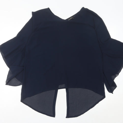 James Lakeland Women’s Blue Chiffon Tunic Blouse Size 14 V-Neck Flared Sleeve