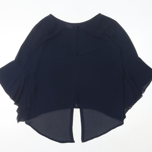 James Lakeland Women’s Blue Chiffon Tunic Blouse Size 14 V-Neck Flared Sleeve