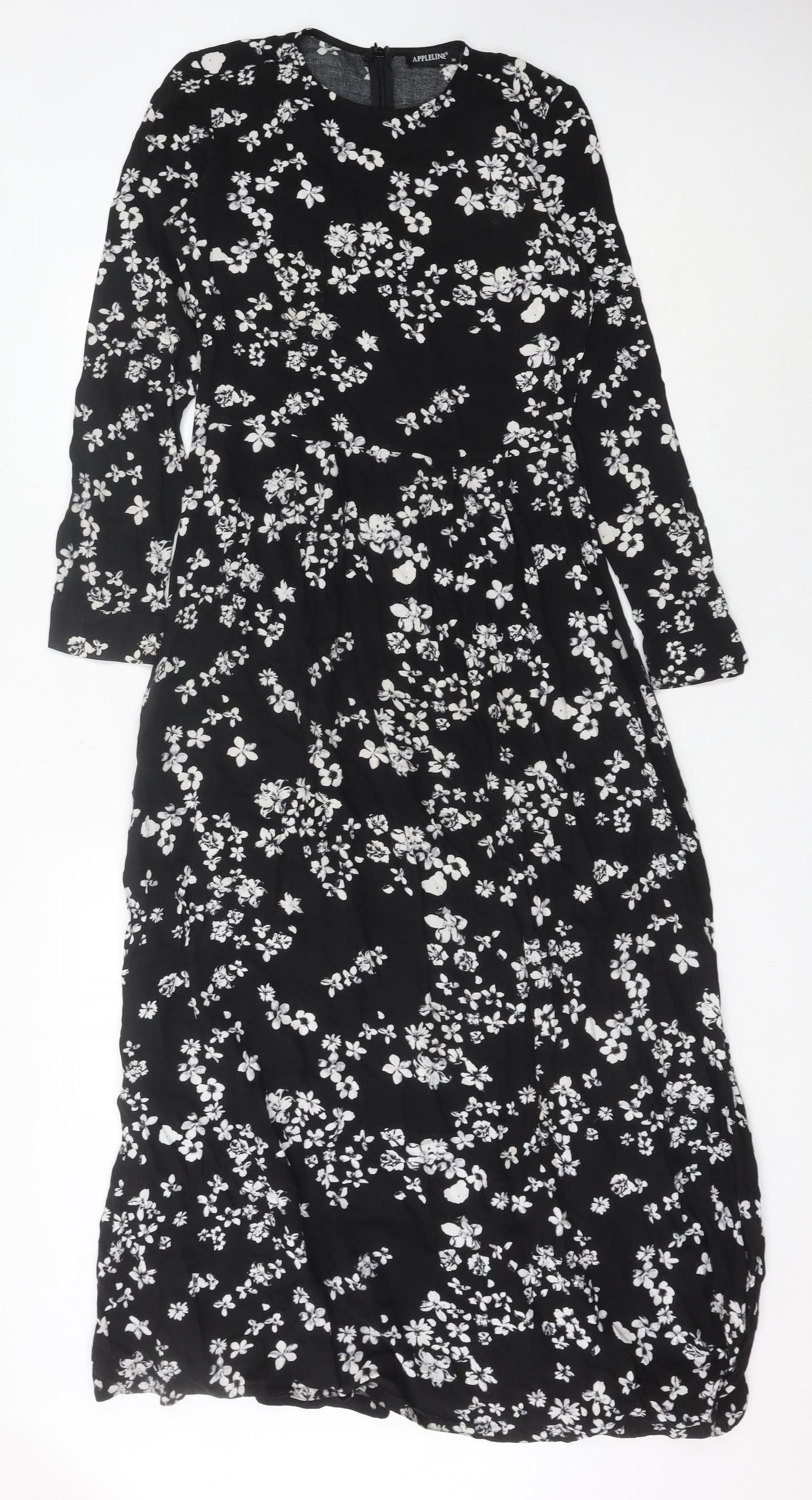APPLELINE Women's Black Floral Midi A-Line Dress Size 8 Viscose