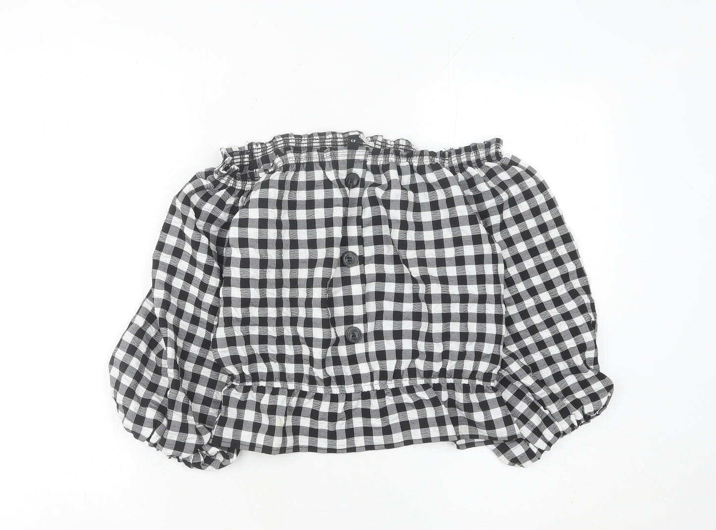 H&M Divided Womens Black Check Off Shoulder Cropped Blouse Size 10