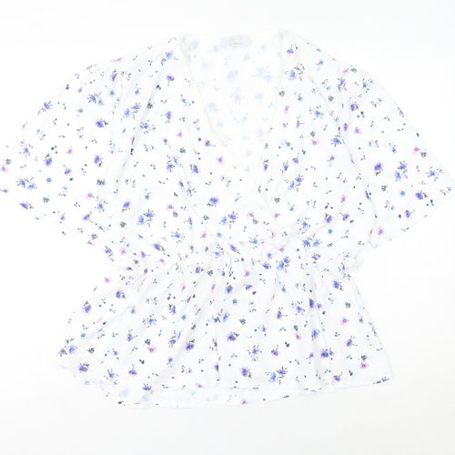 Quiz Women's White Floral Wrap Blouse UK 14 Short Sleeve Chiffon