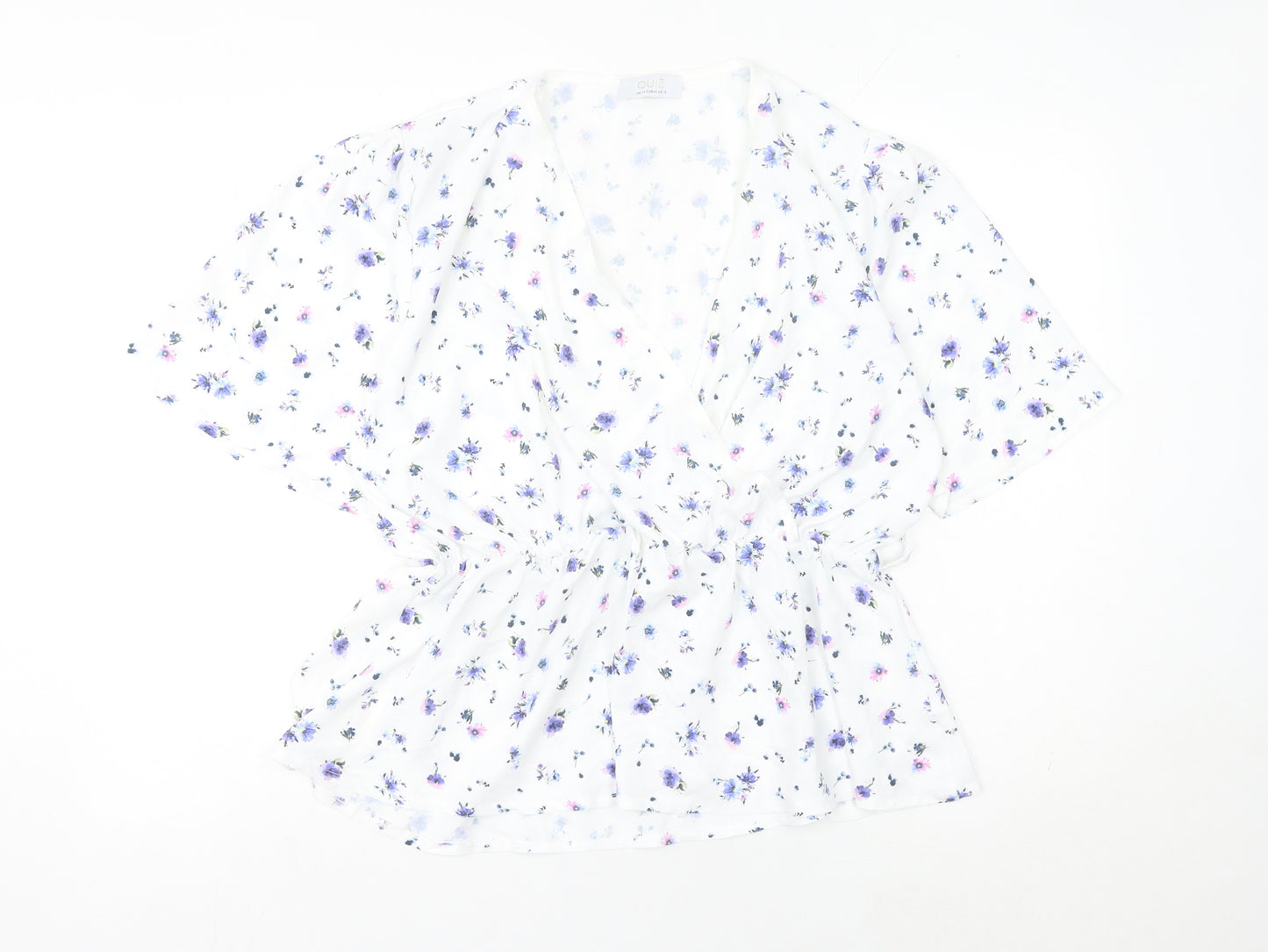 Quiz Women's White Floral Wrap Blouse UK 14 Short Sleeve Chiffon