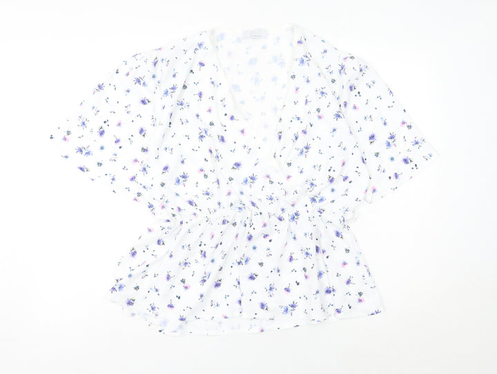 Quiz Women's White Floral Wrap Blouse UK 14 Short Sleeve Chiffon