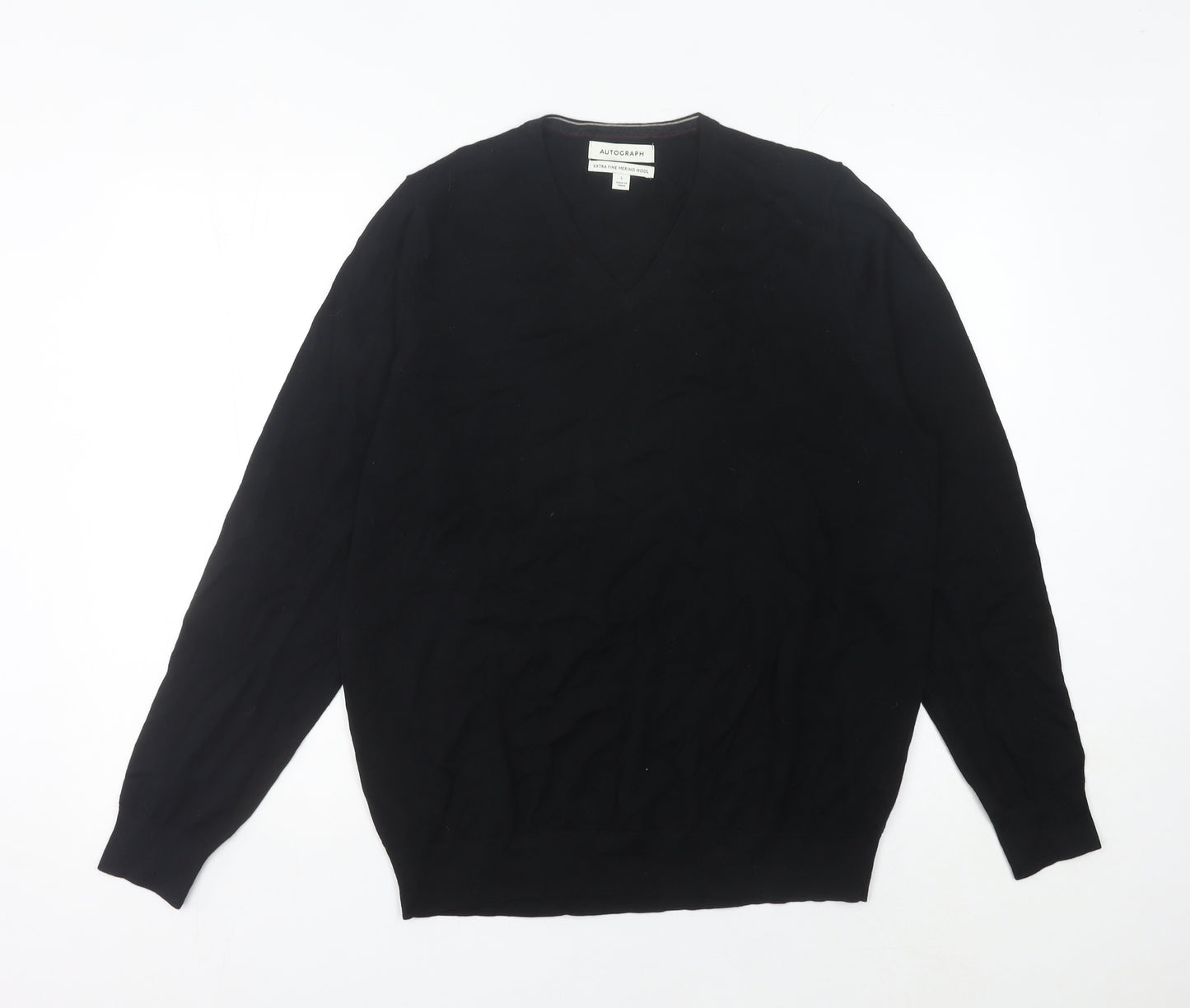 Marks & Spencer Men’s Black Merino Wool V-Neck Jumper L Regular Fit