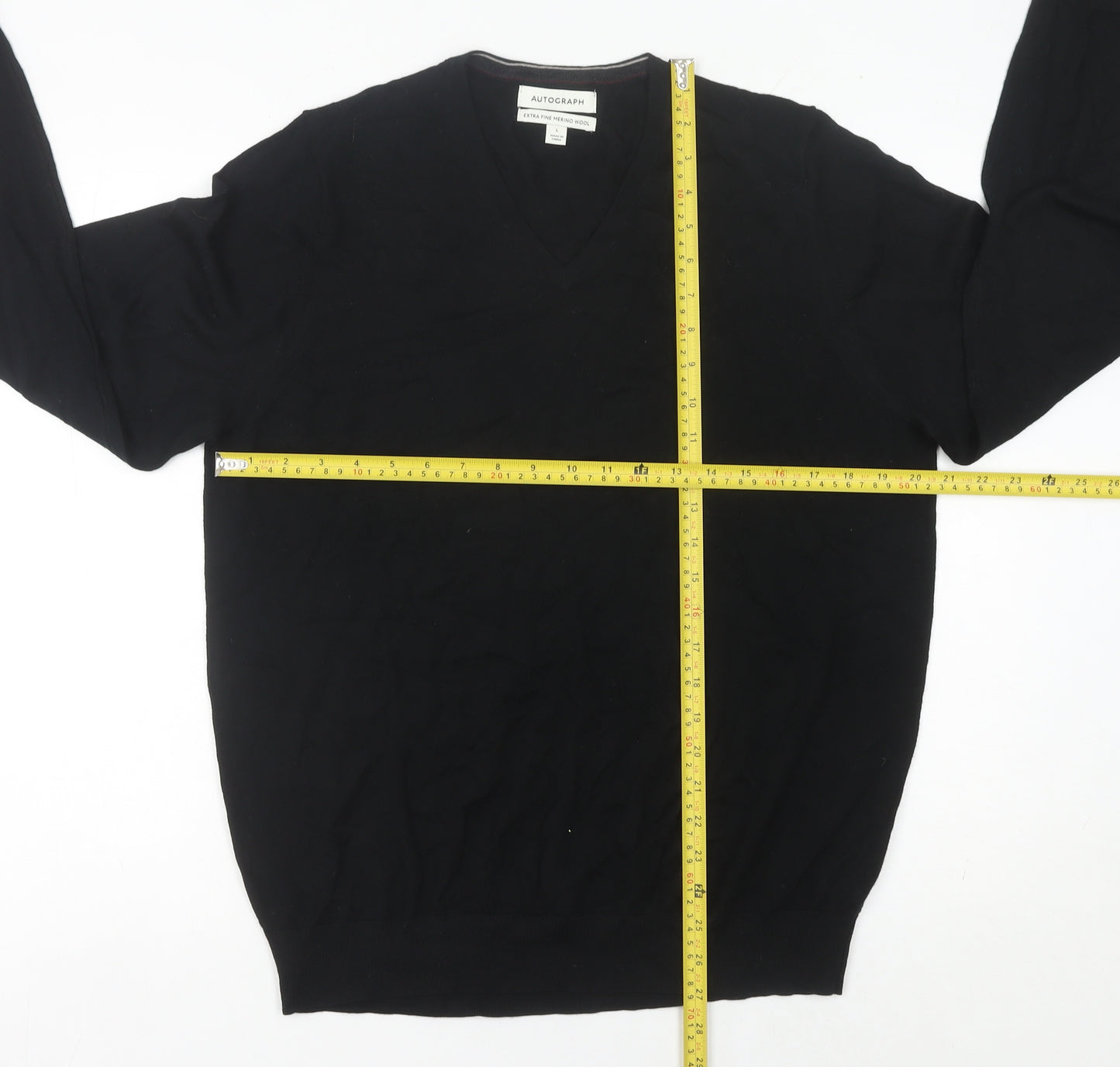 Marks & Spencer Men’s Black Merino Wool V-Neck Jumper L Regular Fit