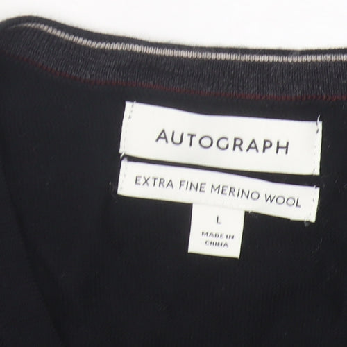 Marks & Spencer Men’s Black Merino Wool V-Neck Jumper L Regular Fit