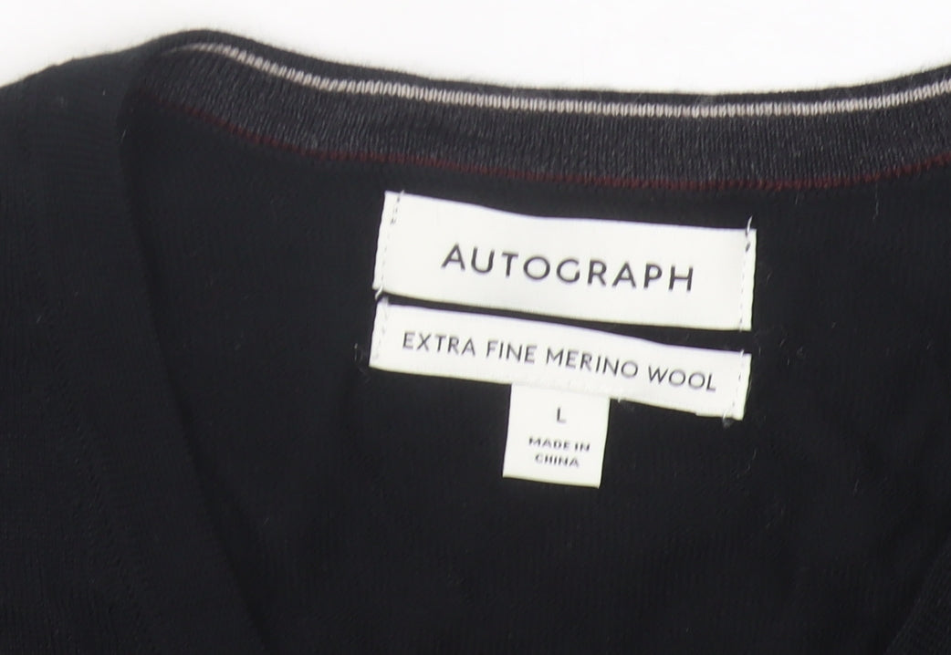 Marks & Spencer Men’s Black Merino Wool V-Neck Jumper L Regular Fit