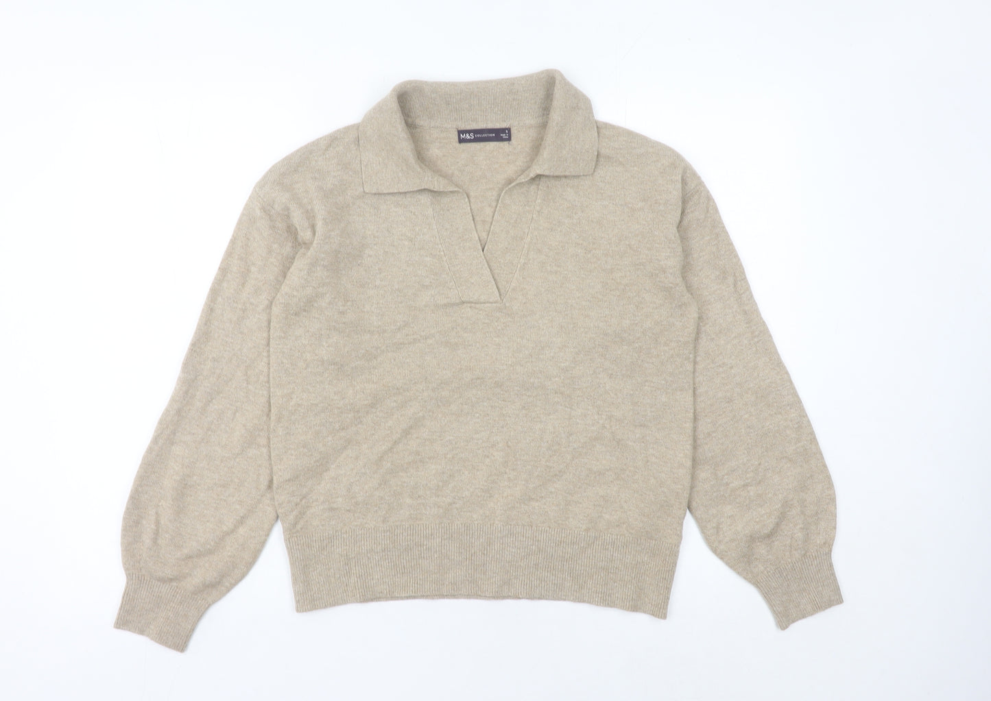 Marks and Spencer Women Beige Small Collared Cashmere Pullover Jumper