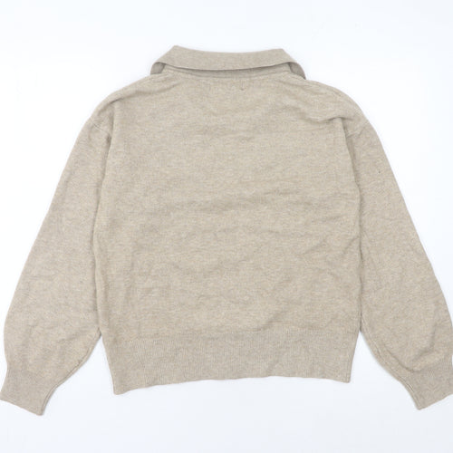 Marks and Spencer Women Beige Small Collared Cashmere Pullover Jumper