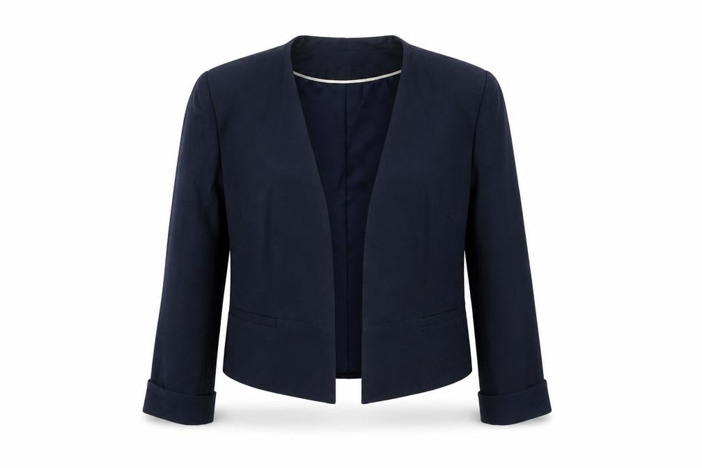 Front view of Havren Women's Blue, size 14, Short Blazer Jacket Shawl Lapel Workwear
