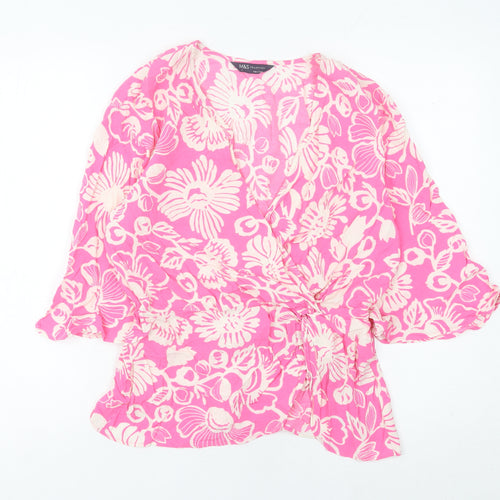 Marks and Spencer Women’s Pink Floral Wrap Blouse Size 10 V-Neck Kimono Sleeve