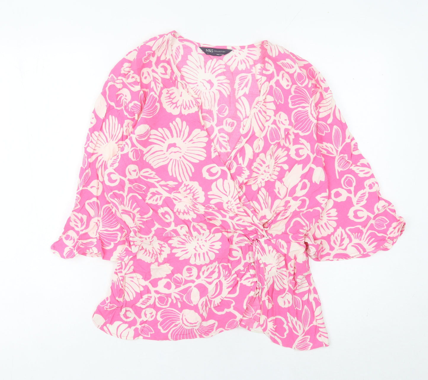 Marks and Spencer Women’s Pink Floral Wrap Blouse Size 10 V-Neck Kimono Sleeve