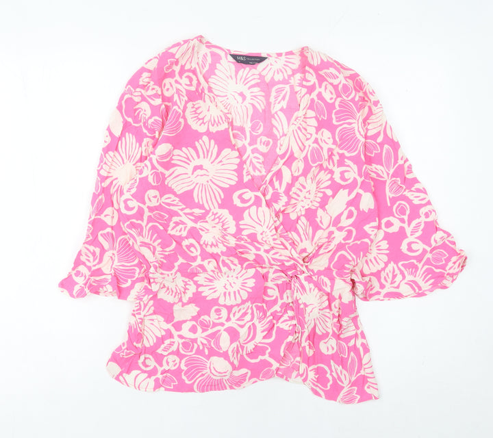 Marks and Spencer Women’s Pink Floral Wrap Blouse Size 10 V-Neck Kimono Sleeve