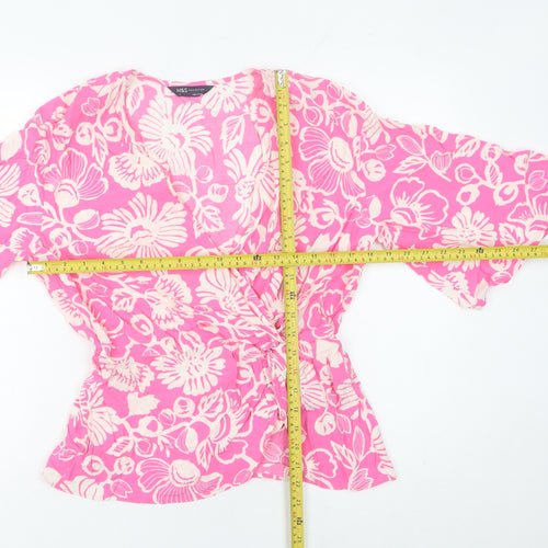 Marks and Spencer Women’s Pink Floral Wrap Blouse Size 10 V-Neck Kimono Sleeve