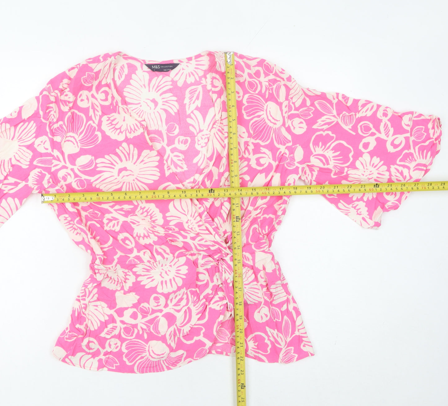Marks and Spencer Women’s Pink Floral Wrap Blouse Size 10 V-Neck Kimono Sleeve
