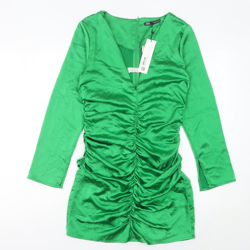 Zara Women’s Green Mini Bodycon Party Dress Size 12 Long Sleeve Ruched